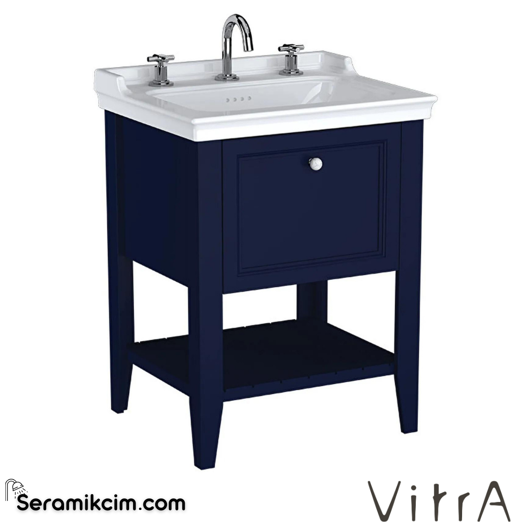 Vitra Valarte Neo Lavabo Dolabı, 65 Cm, Çekmeceli, Etajerli Lavabolu, Üç Armatür Delikli, Çelik Mavisi - 65778