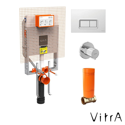 VitrA V8 Gömme Rezervuar Seti Asma, İnce Metal Ayaklı Set (Parlak Panel, Stop Valf) (768-1851-01+740-0680+A41461GR+A41441)