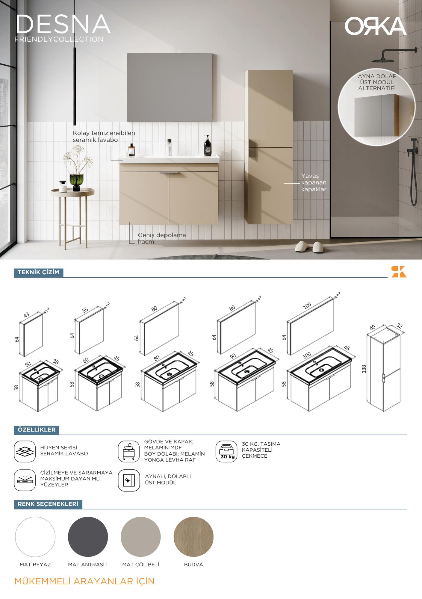 Orka Desna 50cm Asma Banyo Dolabı Set, Düz Ayna, Çöl Beji