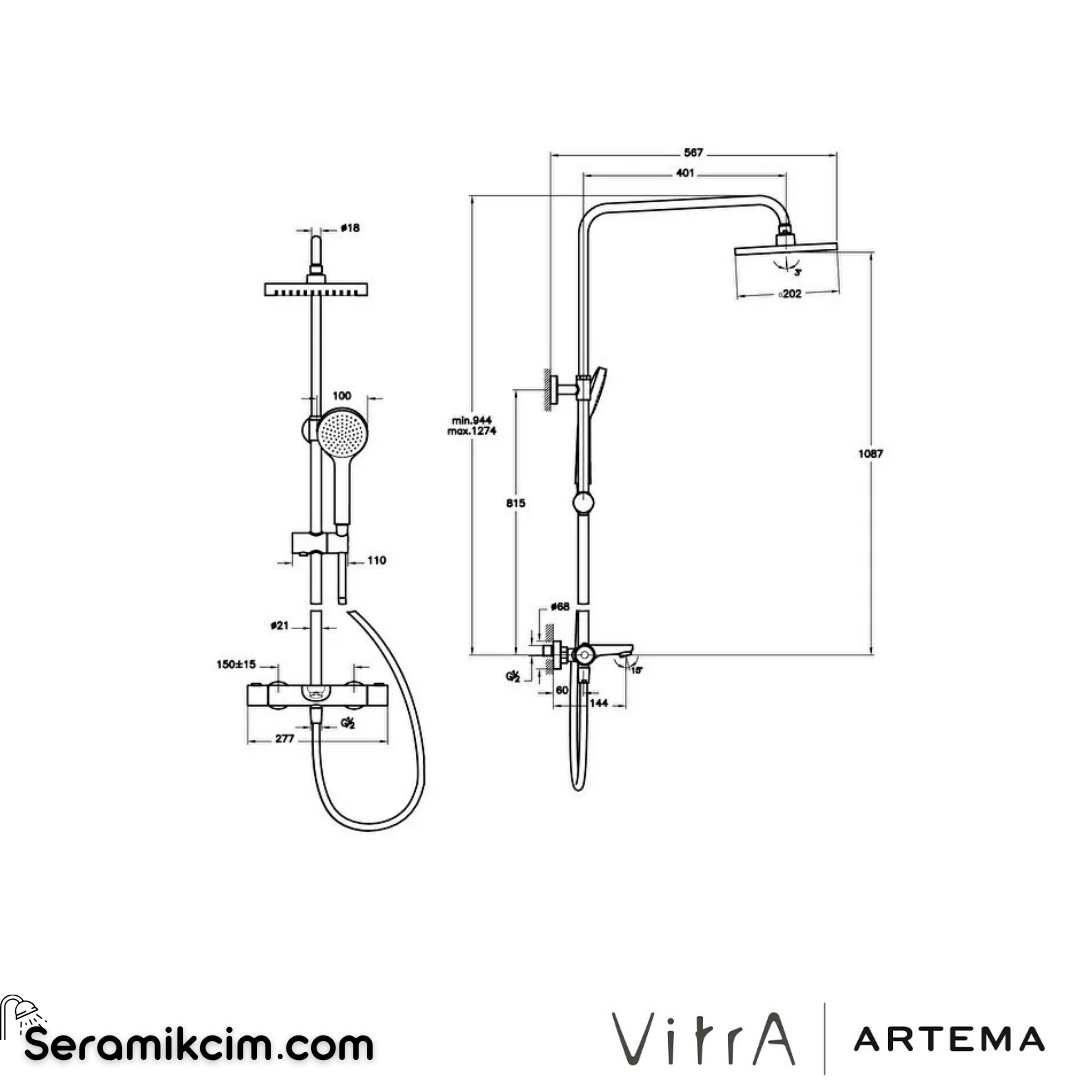 Artema Aquaheat Aquaheat Joy Square 200 Duş Bataryalı Duş Sistemi Mat Siyah A4729636