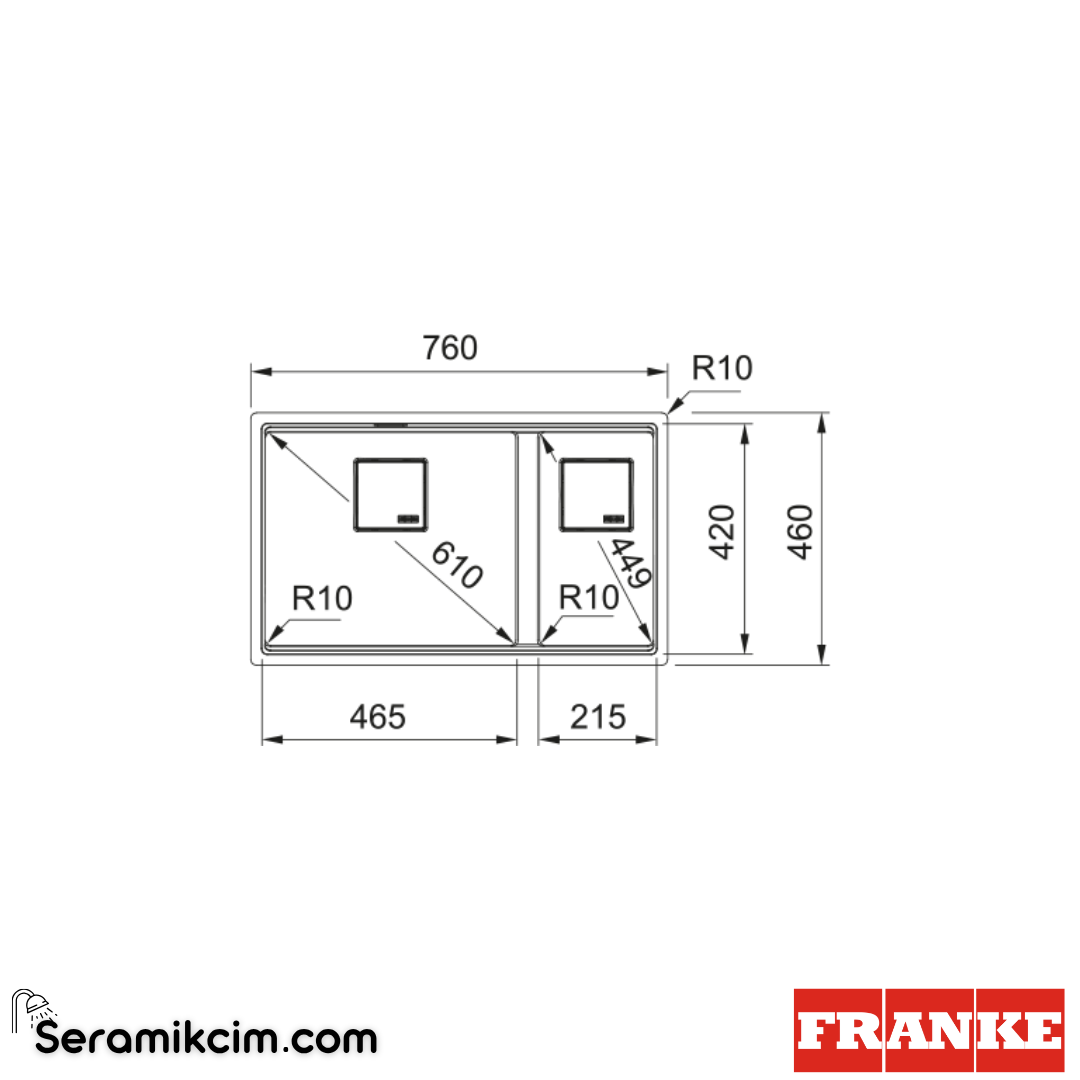 Franke Kubus 2 KNG 120 Tezgahaltı 1,5 Gözlü Dikdörtgen 720x420mm Granit Eviye Bianco 125.0529.874