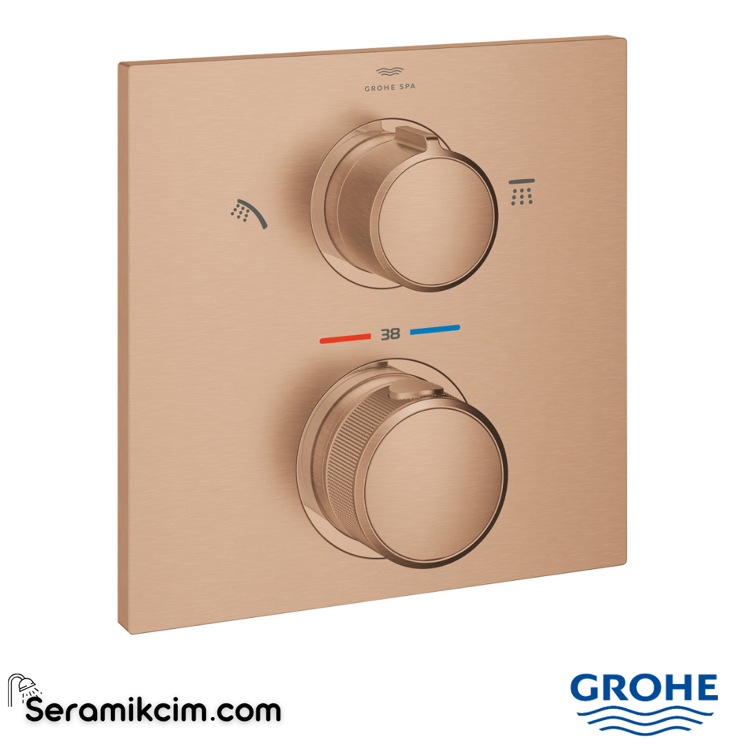 Grohe Allure Termostatik Ankastre Banyo ve Duş Bataryası (Sıva Üstü Grubu), 2 Yollu, Fırçalı Bakır 29181DL2