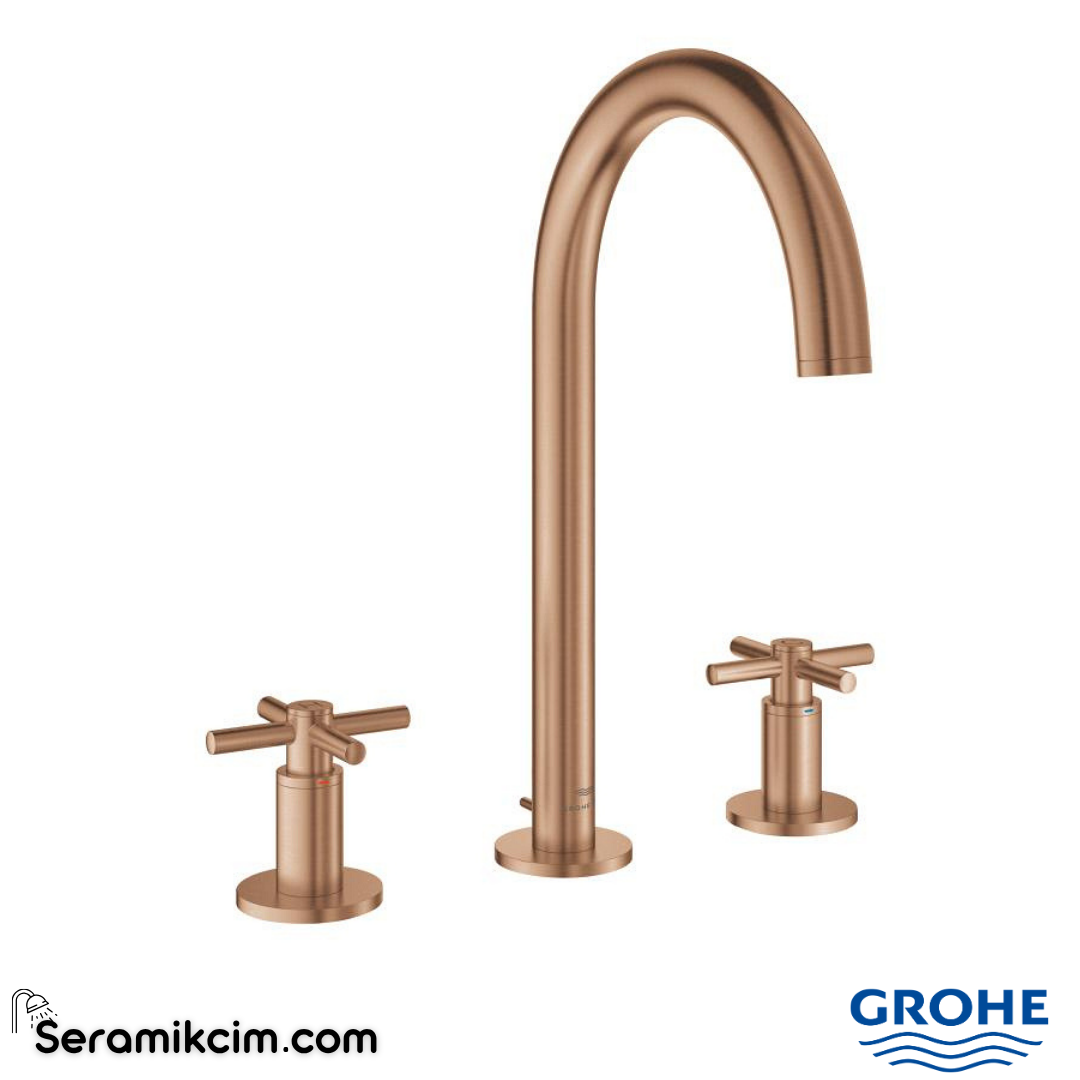 Grohe Atrio 3 Delikli Ankastre Lavabo Bataryası (4 Çubuklu Volan) L-Boy, Fırçalı Bakır 20643DL0