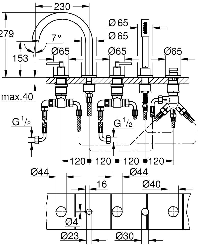 Grohe Atrio 5 Delikli Ankastre Küvet Bataryası (Sıva Üstü Grubu), Fırçalı Bakır 29407DL0