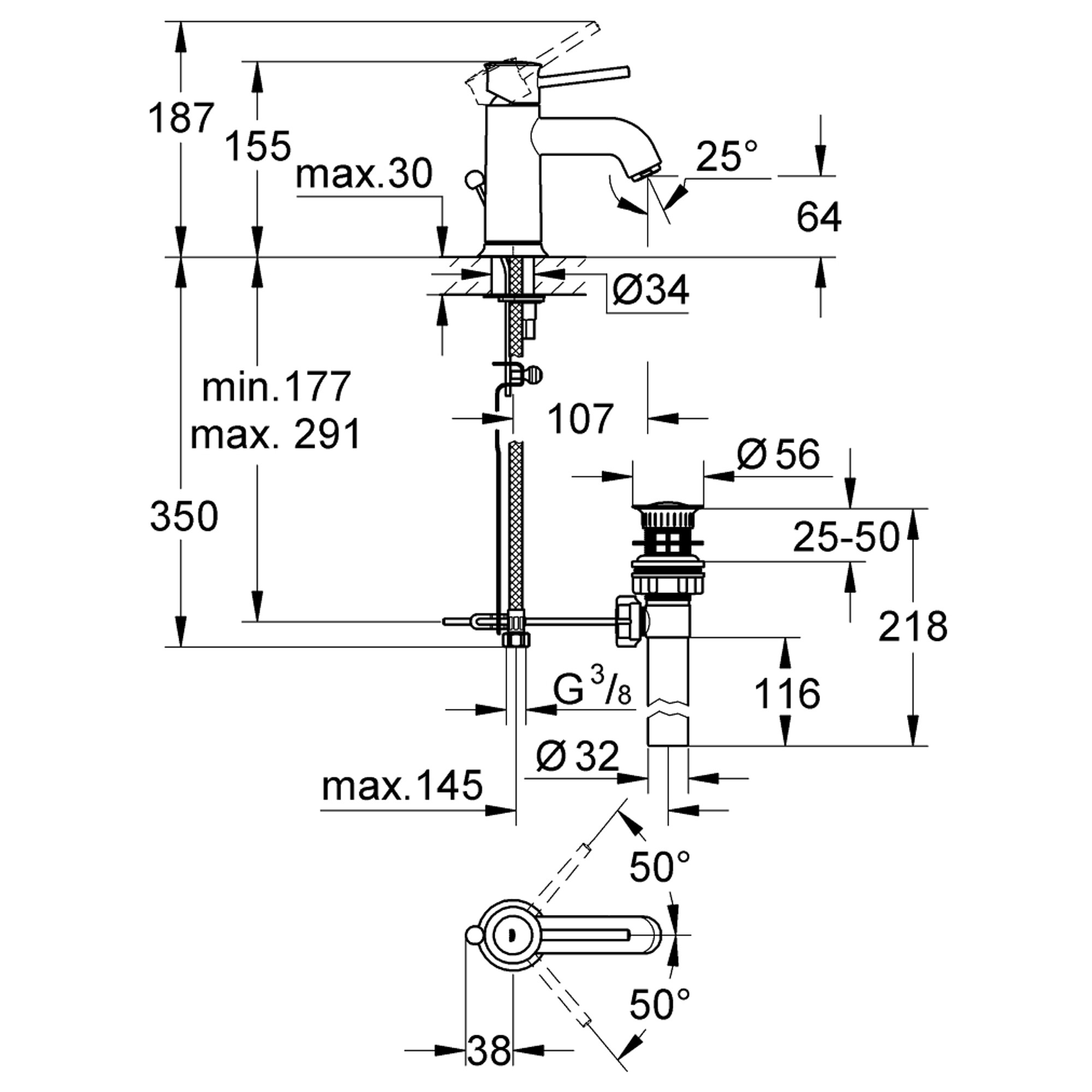 Grohe BauClassic Lavabo Bataryası Sifon Kumandalı Krom 23161000