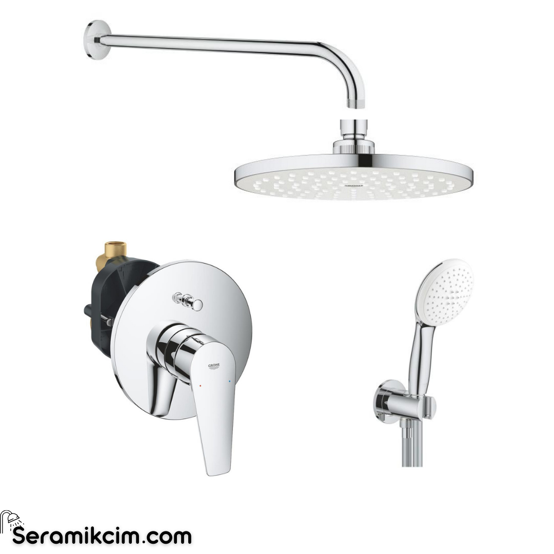 Grohe Bauedge Ankastre Banyo Bataryası Set (Tepe Duşu + El Duşu + Batarya Set)