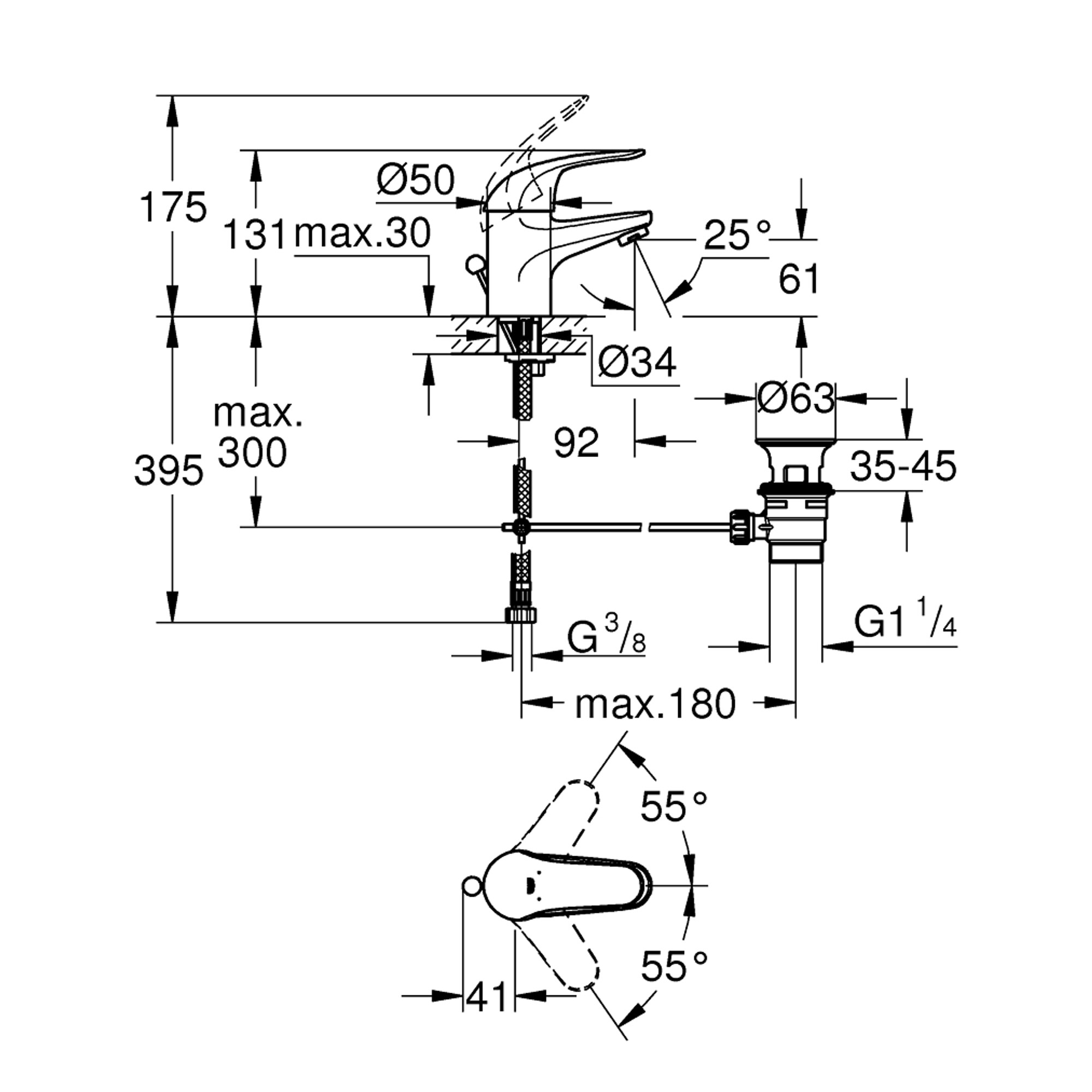 Grohe Euroeco Lavabo Bataryası Sifon Kumandalı (S Boy) Krom 23262000