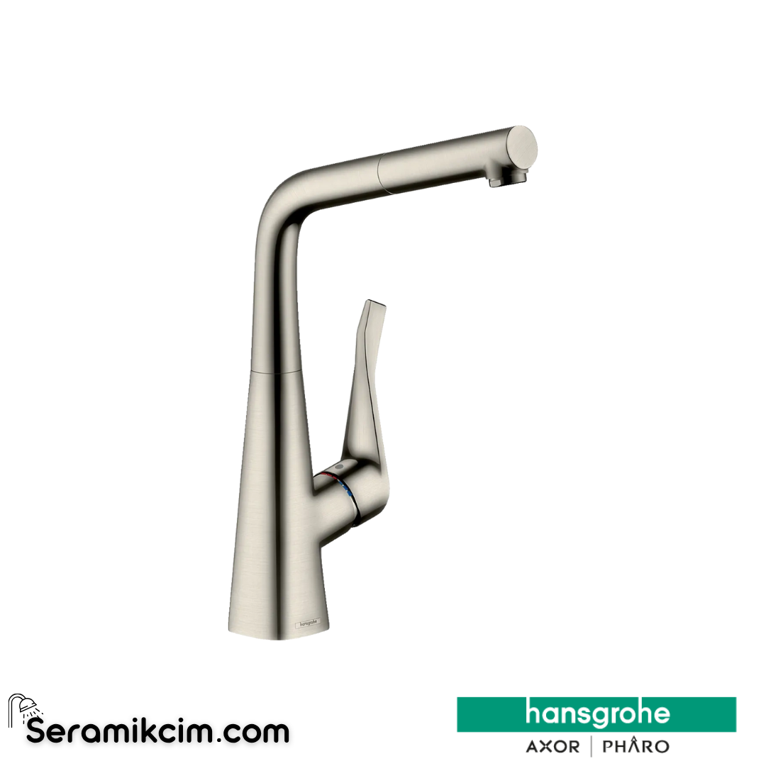 Hansgrohe Metris M71 H320 Tek Kollu Eviye Bataryası Spiralli sBox Paslanmaz Çelik 73812800