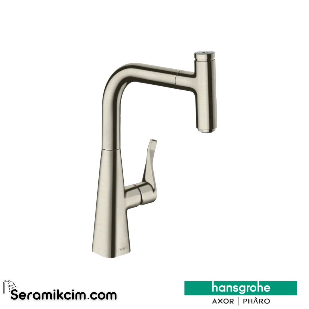 Hansgrohe Metris Select M71 H240 Tek Kollu Eviye Bataryası Spiralli sBox Paslanmaz Çelik 73802800