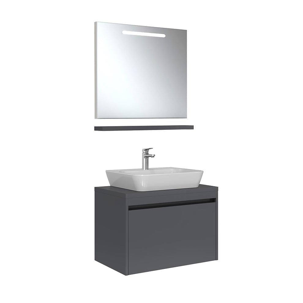 Kale Banyo İdea 2.0 (Durabad) 80Cm Set Parlak Antrasit (Lavabo+Tek Çekmeceli+Çanak Lavabo+Aydınlatmalı Ayna+Etajer) - 610100200605