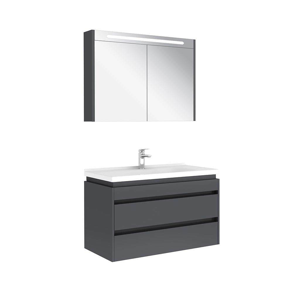 Kale Banyo İdea 2.0 (Durabad) 100Cm Set Parlak Antrasit (Çift Çekmeceli Lavabo Dolabı+Aydınlatmalı Ayna Dolabı) - 610100200519