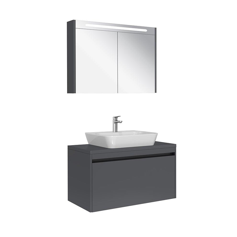 Kale Banyo İdea 2.0 (Durabad) 100Cm Set Parlak Antrasit (Tek Çekmeceli+Çanak Lavabo+Aydınlatmalı Ayna Dolabı) - 610100200597