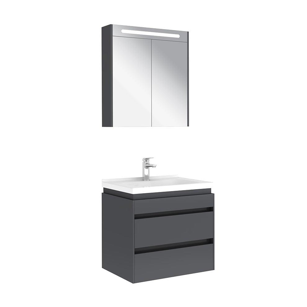 Kale Banyo İdea 2.0 (Durabad) 65Cm Set Parlak Antrasit (Lavabo+Çift Çekmeceli Lavabo Dolabı+Aydınlatmalı Ayna Dolabı) - 610100200511