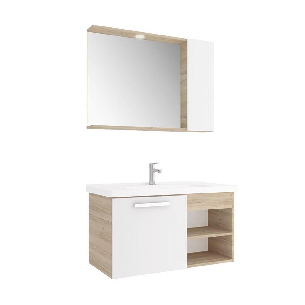 Kale Banyo Mare 100 Cm Set Beyaz/Meşe (Lavabo+Lavabo Dolabı+Yarım Dolaplı Ayna) - 610100201194