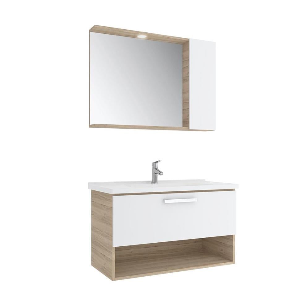 Kale Banyo Trevı 100Cm Set Beyaz/Meşe (Lavabo+Lavabo Dolabı+Yarım Dolaplı Ayna) - 610100201200
