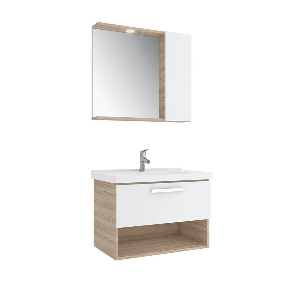 Kale Banyo Trevı 80Cm Set Beyaz/Meşe (Lavabo+Lavabo Dolabı+Yarım Dolaplı Ayna) - 610100201198