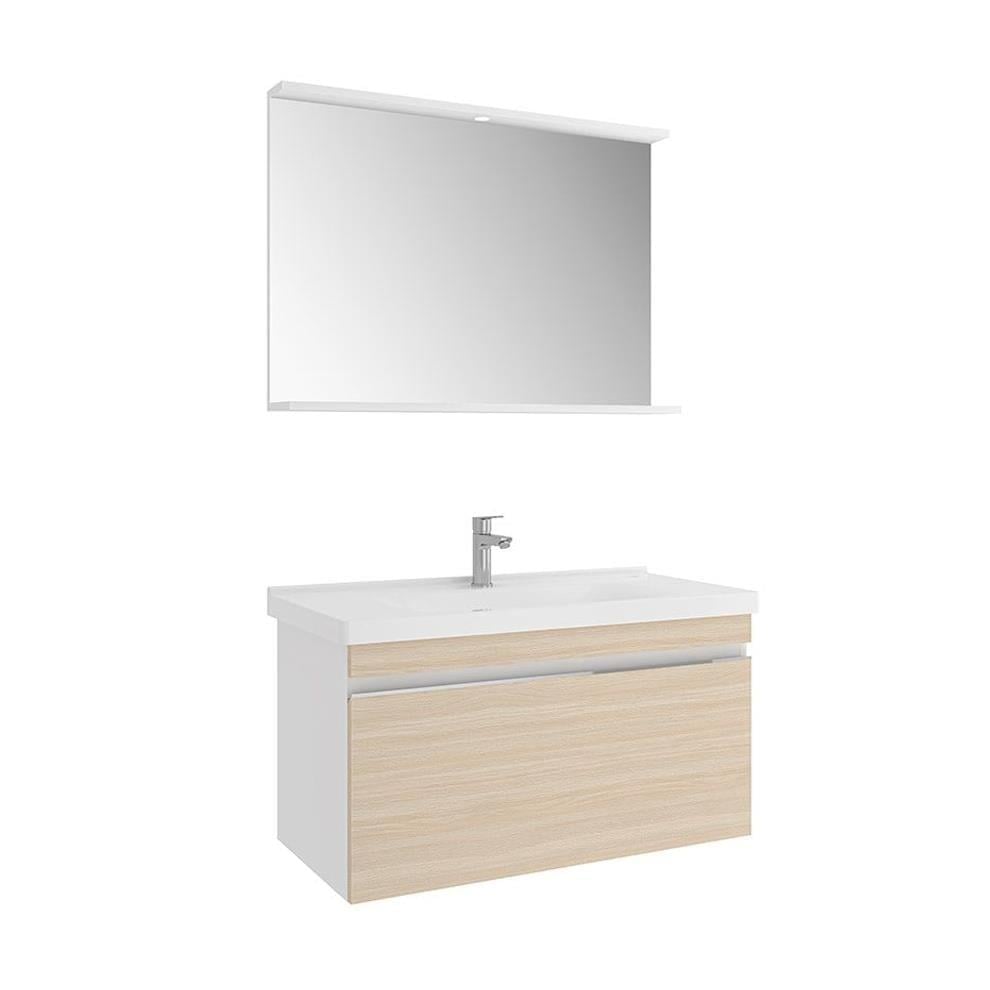 Kale Banyo Woody 100 Cm Set Beyaz/Krem Meşe (Lavabo+Lavabo Dolabı+Aydınlatmalı Ayna Etajer) - 610100200900
