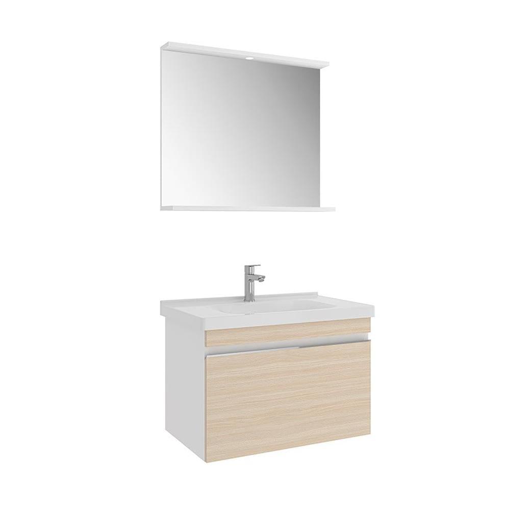 Kale Banyo Woody 80Cm Set Beyaz/Krem Meşe (Lavabo+Lavabo Dolabı+Aydınlatmalı Ayna Etajer) - 610100200898