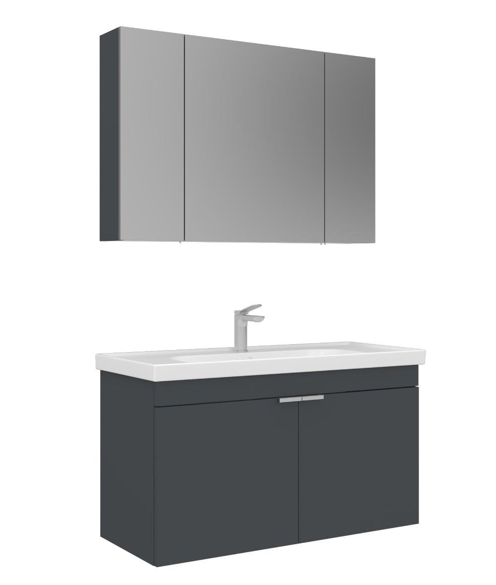 Orka Desna 100cm Asma Banyo Dolabı Set, Dolaplı Ayna, Mat Antrasit
