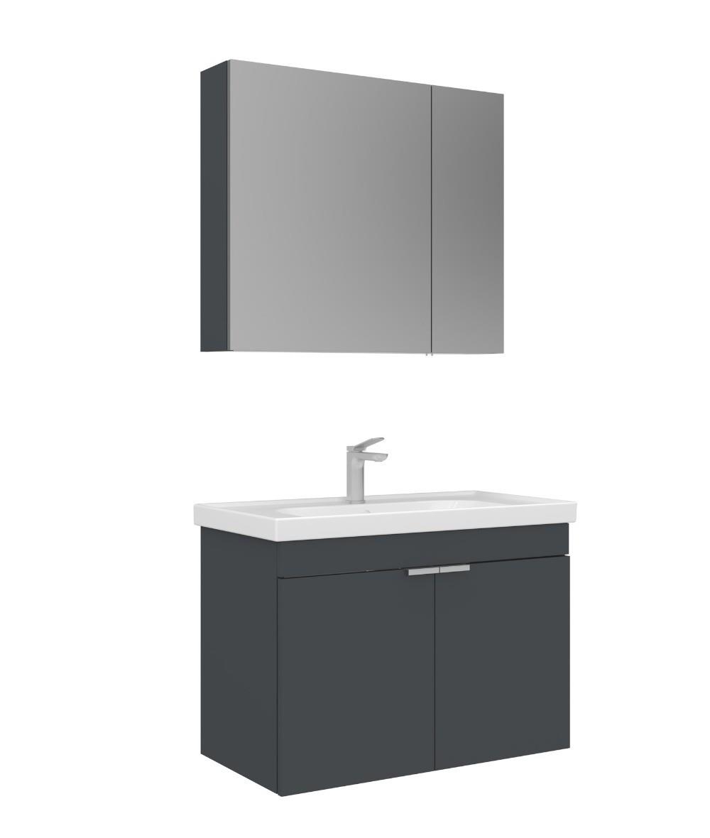 Orka Desna 80cm Asma Banyo Dolabı Set, Dolaplı Ayna, Mat Antrasit