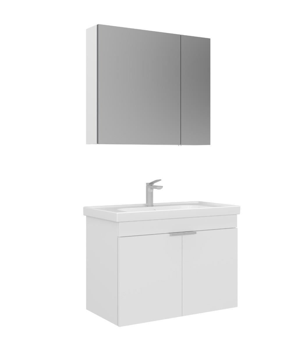 Orka Desna 90cm Asma Banyo Dolabı Set, Dolaplı Ayna, Mat Beyaz