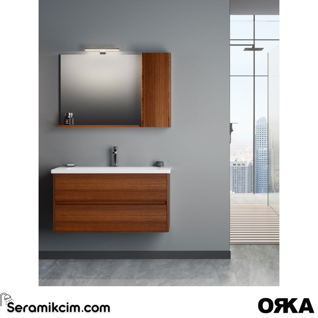 Orka Düden 100cm Çekmeceli Banyo Dolabı Set Teak