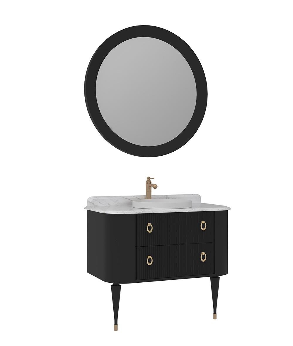 Orka Felice 100cm Banyo Dolabı Set (Altın Detay) Ahşap Ayaklı Mat Siyah