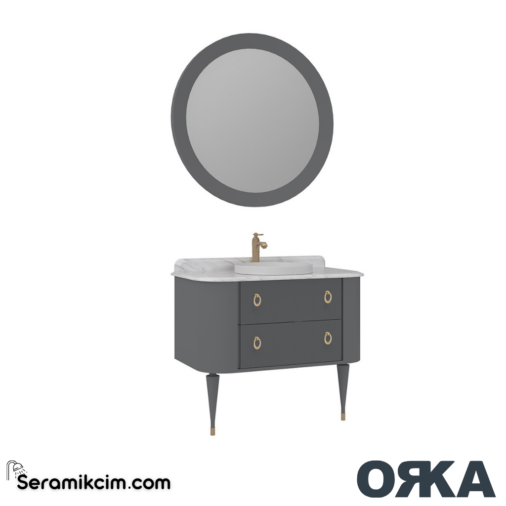 Orka Felice 100cm Banyo Dolabı Set Altın Ahşap Ayaklı Mat Gri - ORK070.100.03.TKM