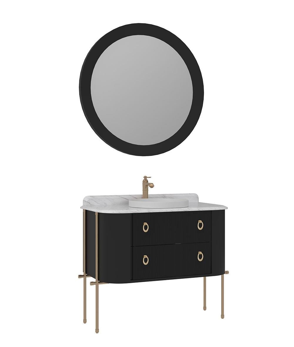 Orka Felice 107cm Banyo Dolabı Set (Altın Detay)Metal Ayaklı Mat Siyah