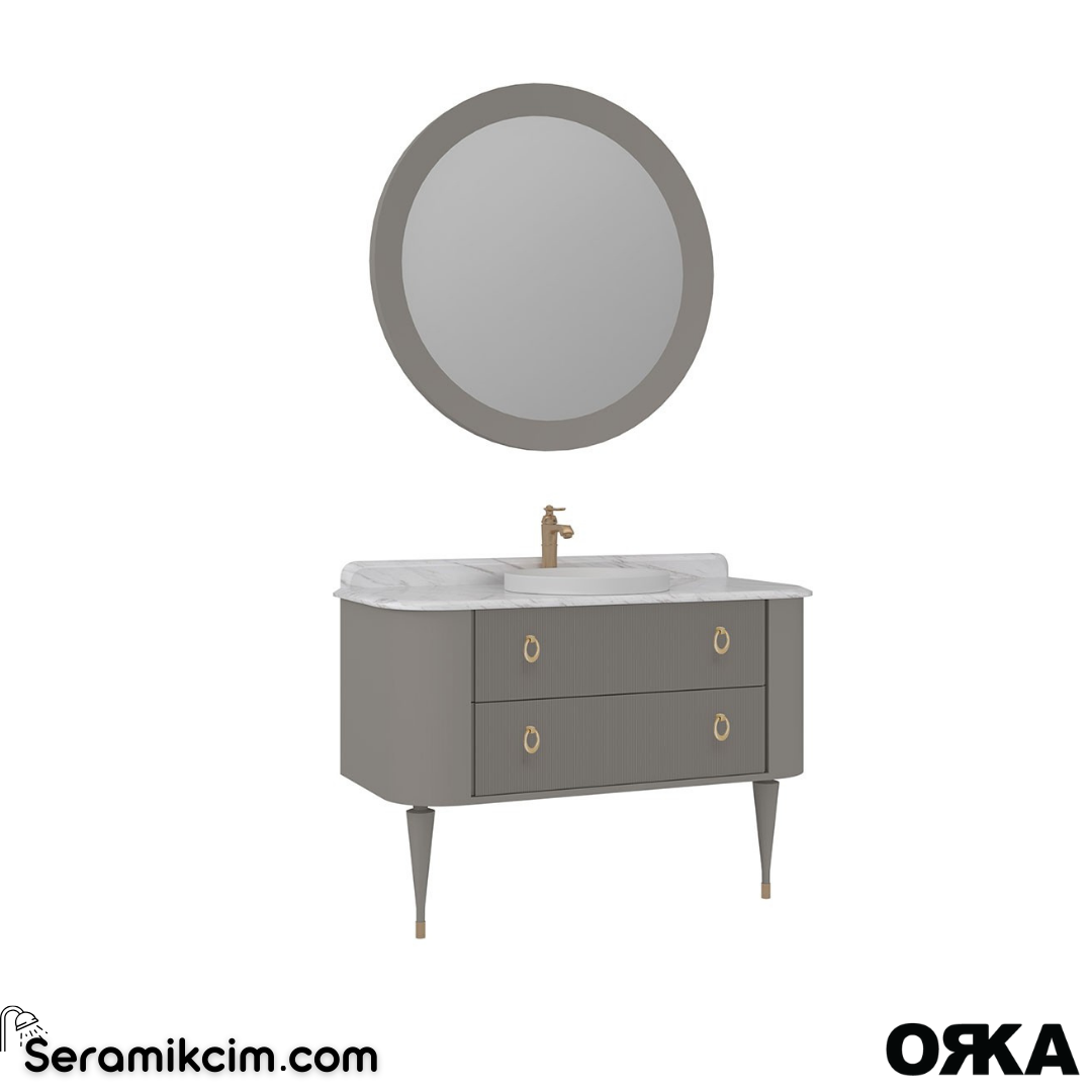 Orka Felice 120cm Banyo Dolabı Set (Altın Detay) Ahşap Ayaklı Mat Vizon