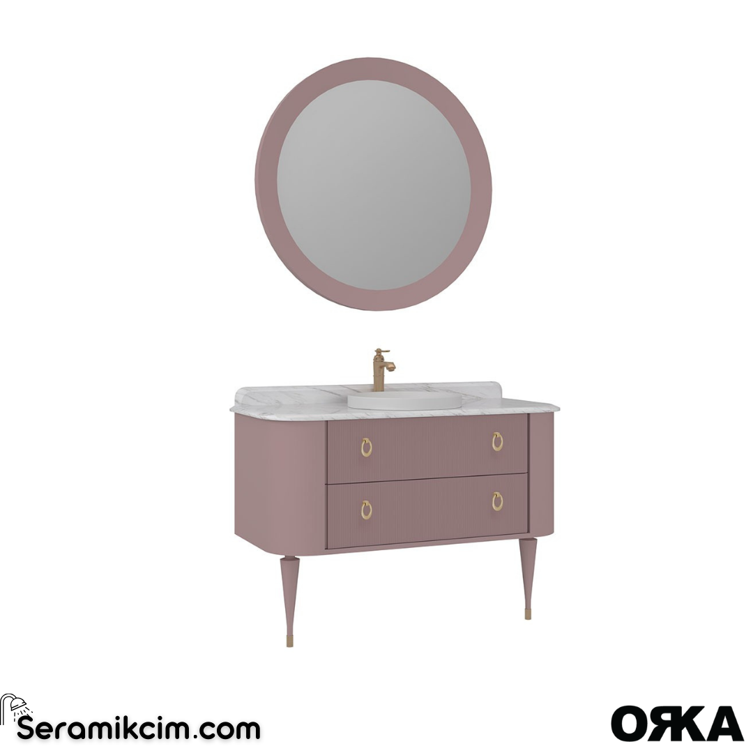 Orka Felice 120cm Banyo Dolabı Set (Altın Detay) Ahşap Ayaklı Mat Pudra