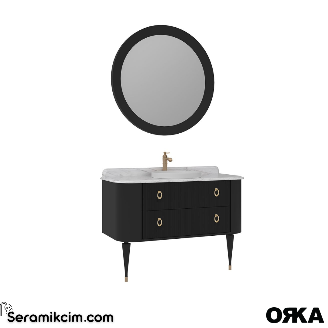 Orka Felice 120cm Banyo Dolabı Set (Altın Detay) Ahşap Ayaklı Mat Siyah