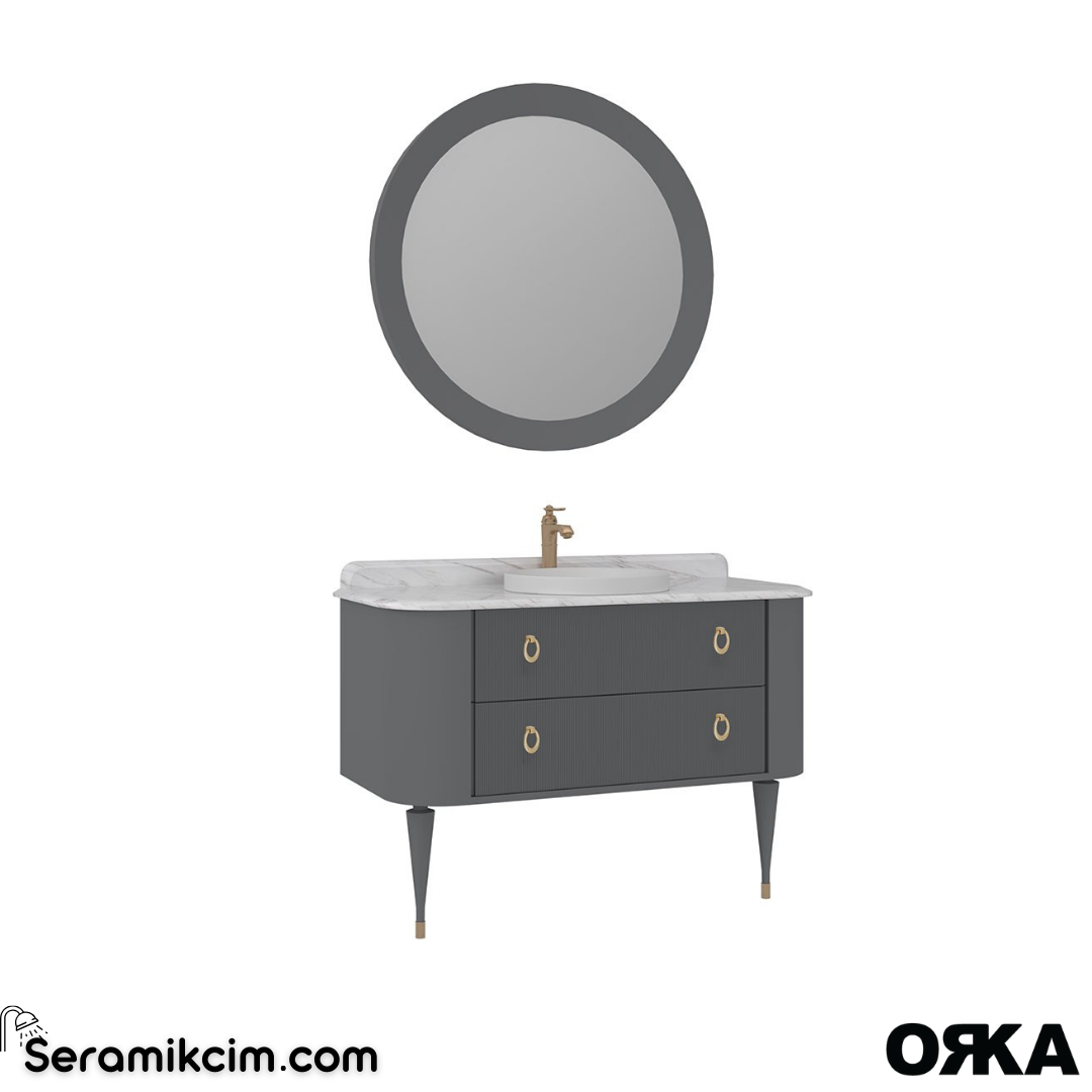 Orka Felice 120cm Banyo Dolabı Set (Altın Detay) Ahşap Ayaklı Mat Gri