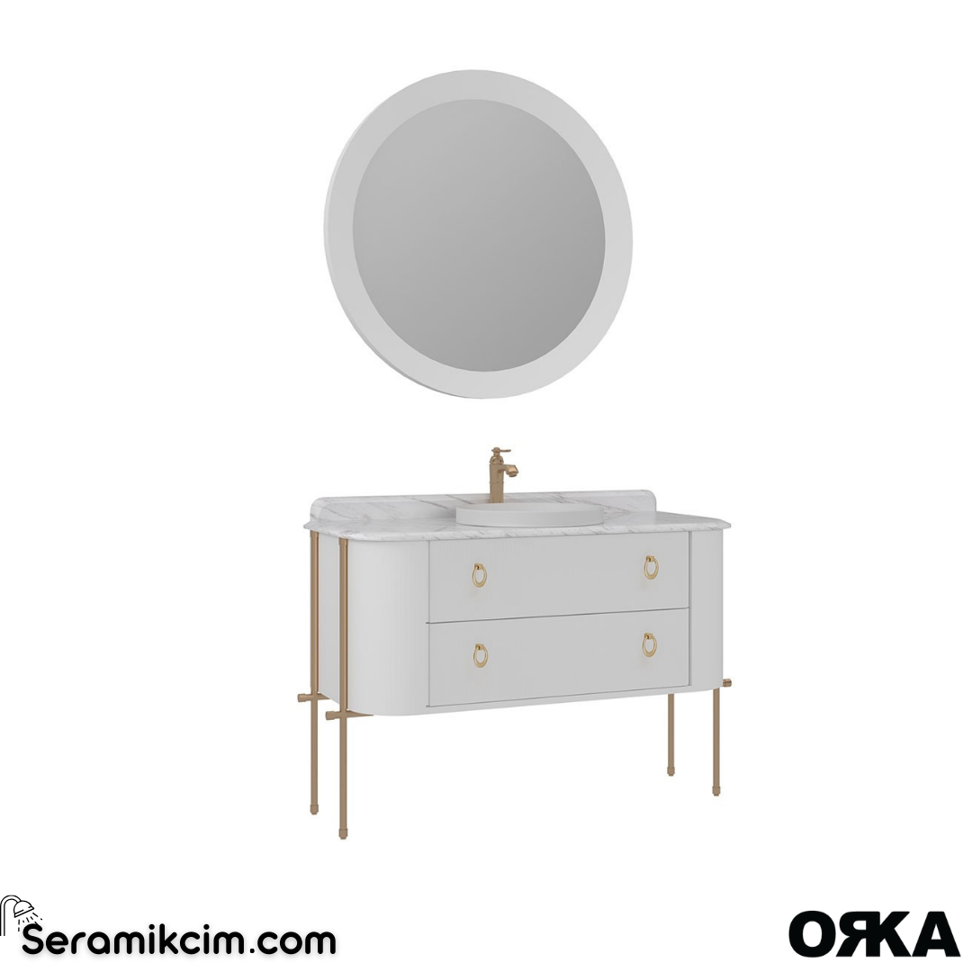 Orka Felice 127cm Banyo Dolabı Set (Altın Detay) Metal Ayaklı Mat Beyaz