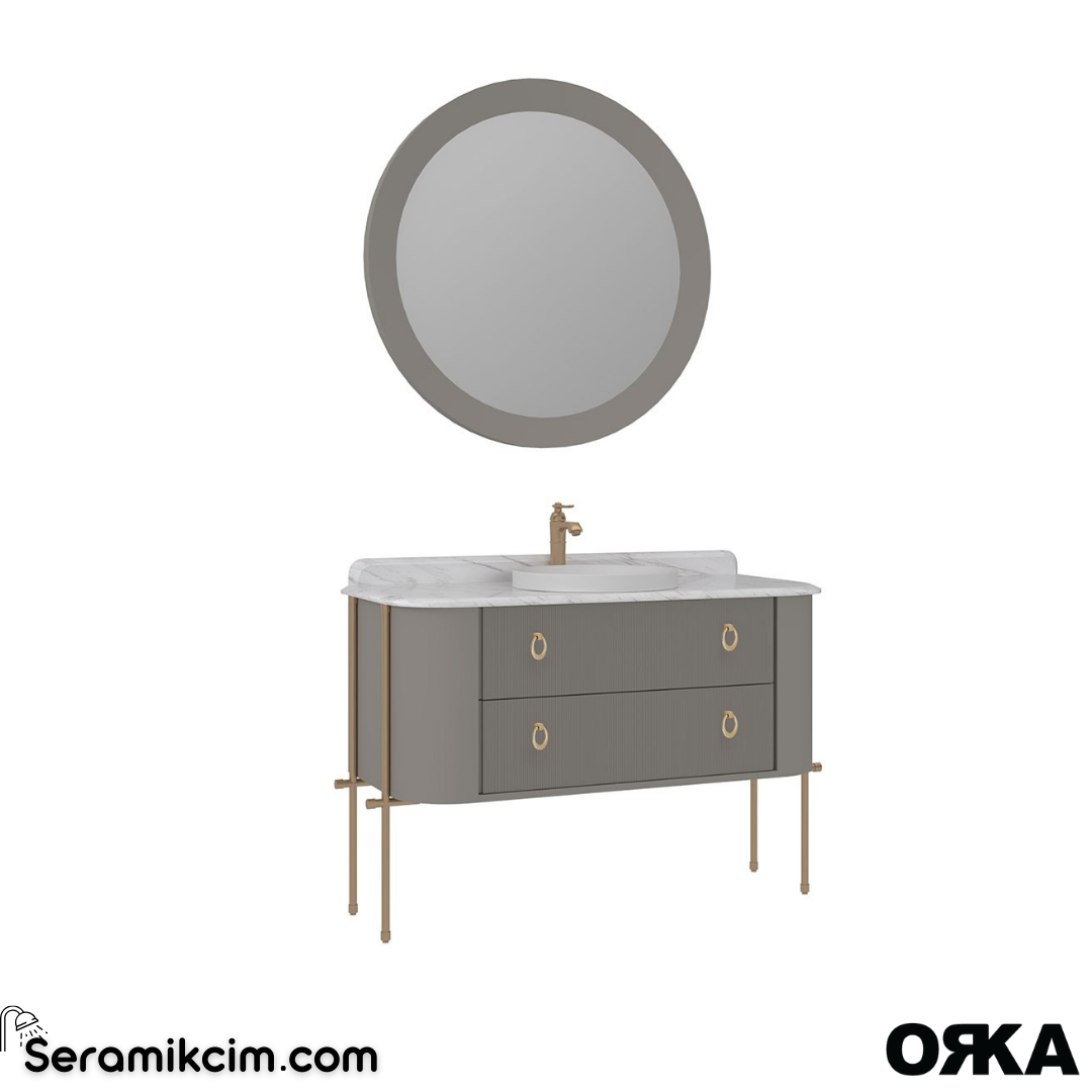 Orka Felice 127cm Banyo Dolabı Set (Altın Detay) Metal Ayaklı Mat Vizon