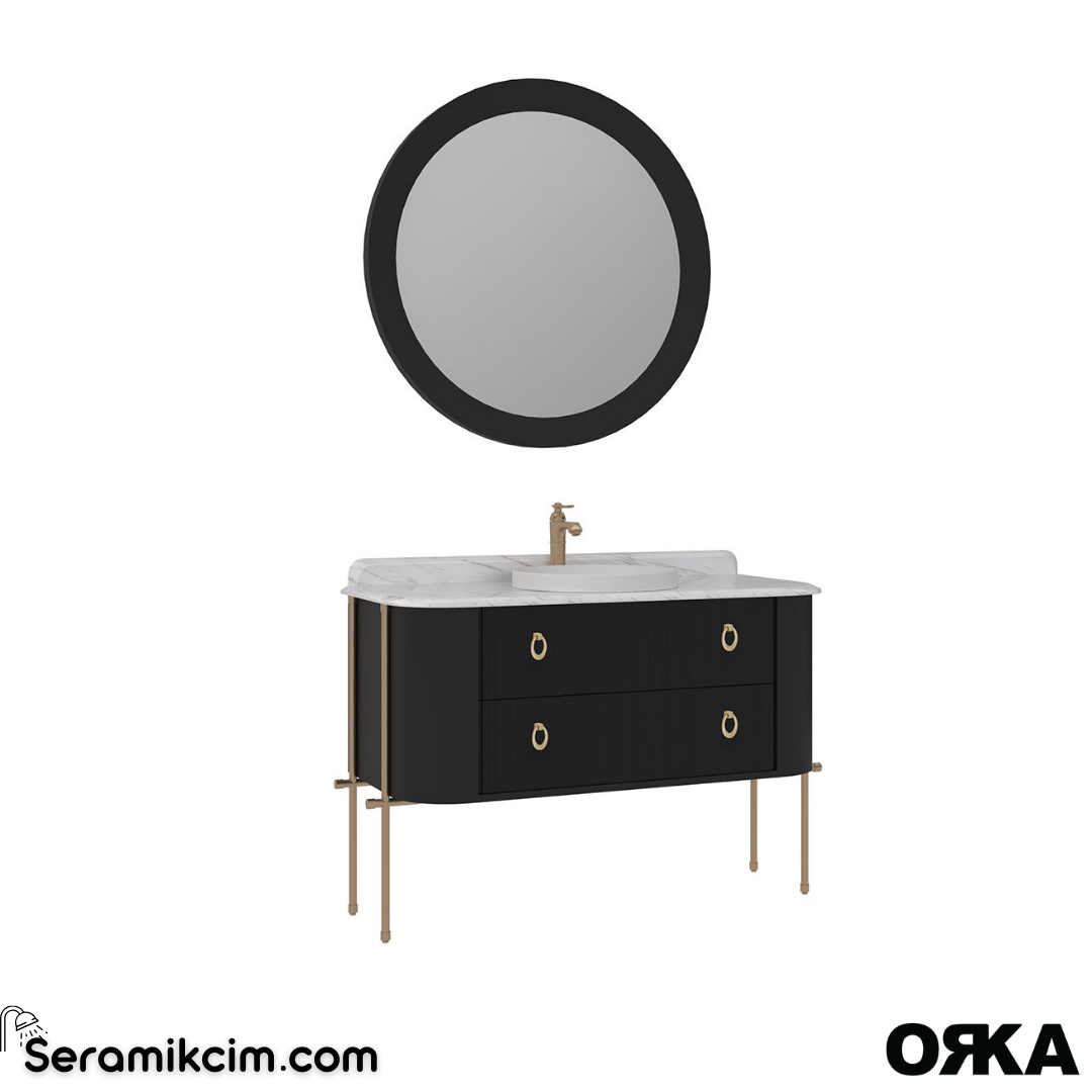 Orka Felice 127cm Banyo Dolabı Set (Altın Detay) Metal Ayaklı Mat Siyah