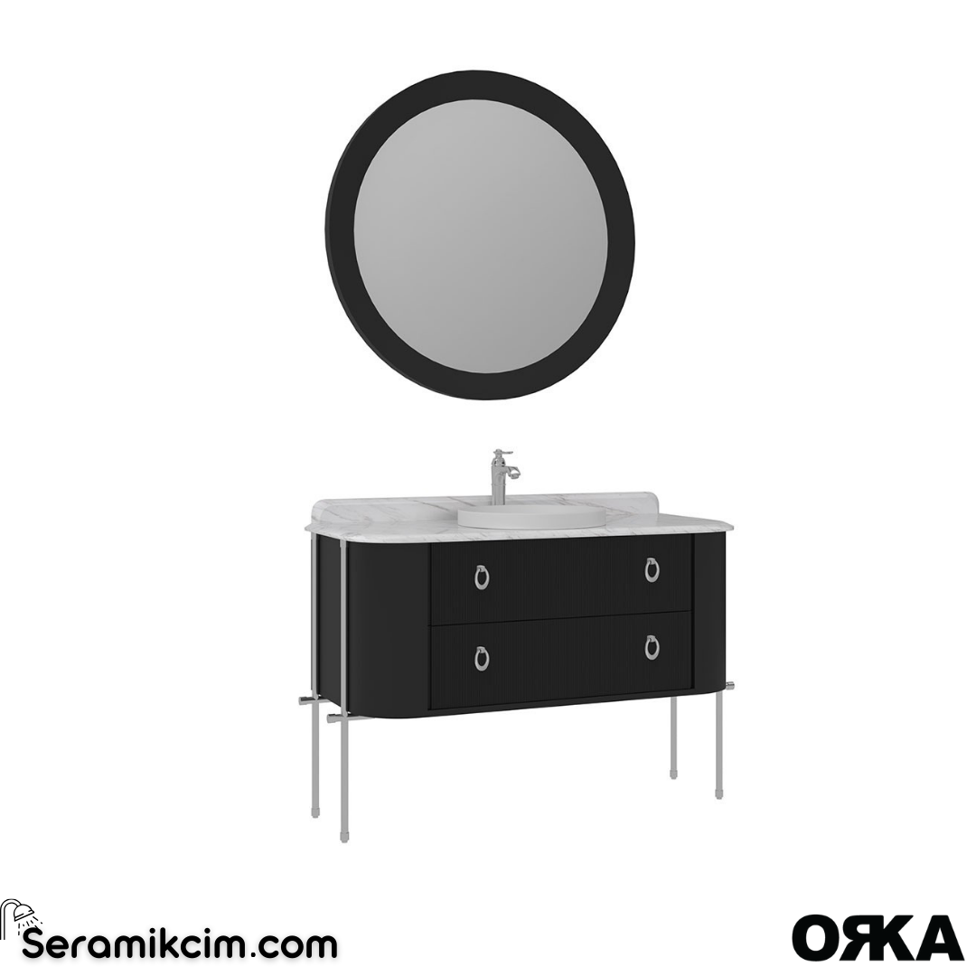 Orka Felice 127cm Banyo Dolabı Set (Krom Detay) Metal Ayaklı Mat Siyah