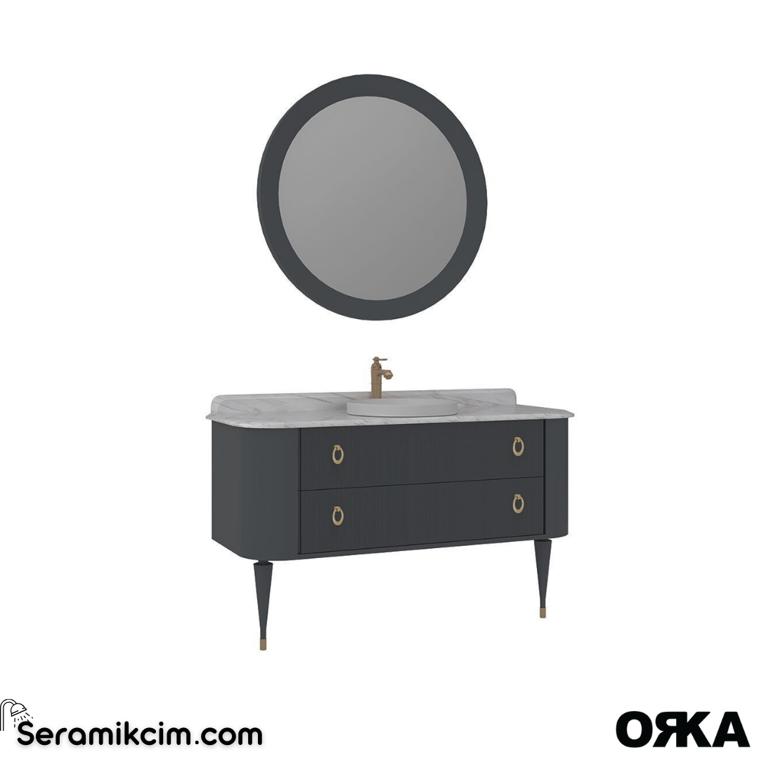 Orka Felice 140cm Banyo Dolabı Set (Altın Detay) Ahşap Ayaklı Mat Antrasit