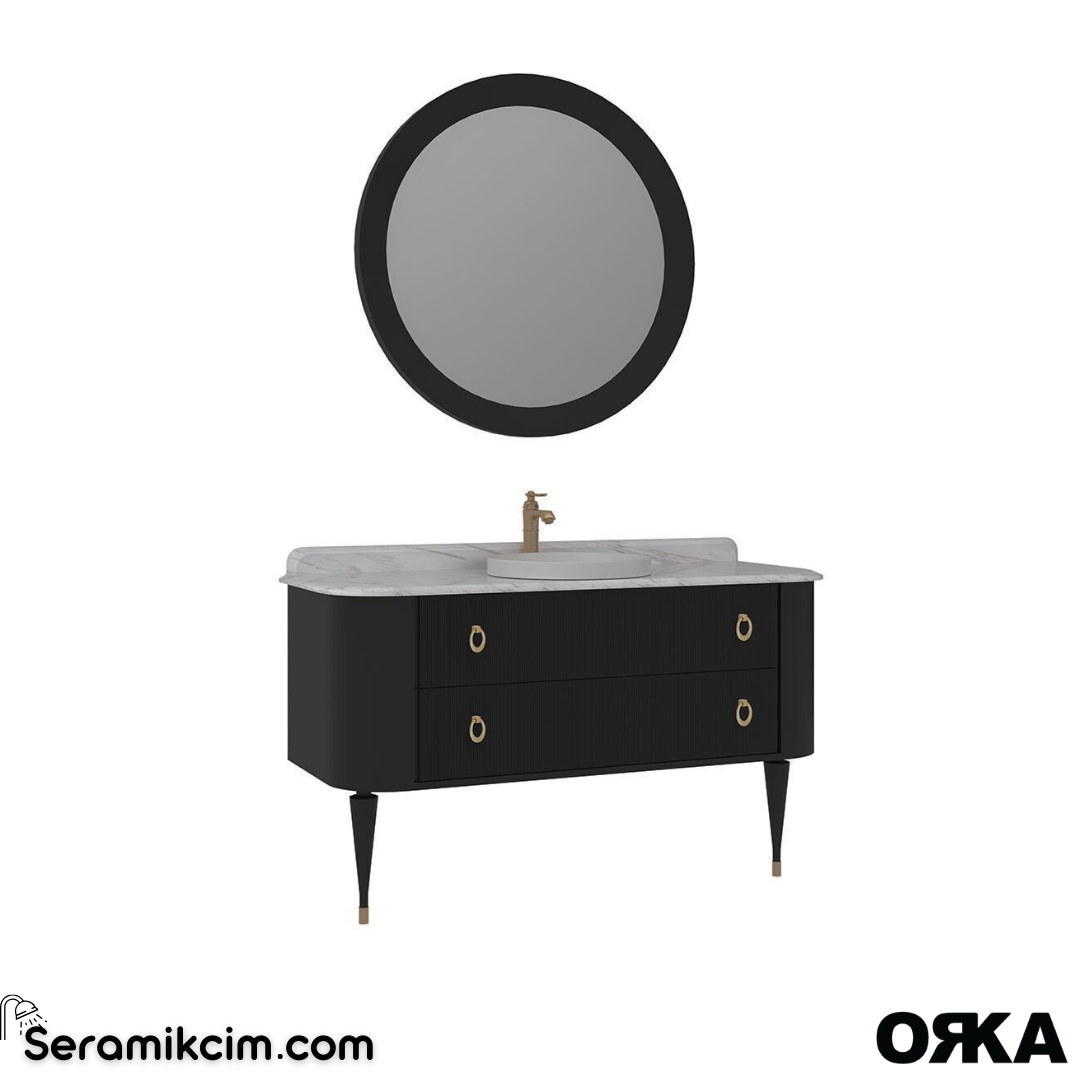 Orka Felice 140cm Banyo Dolabı Set (Altın Detay) Ahşap Ayaklı Mat Siyah