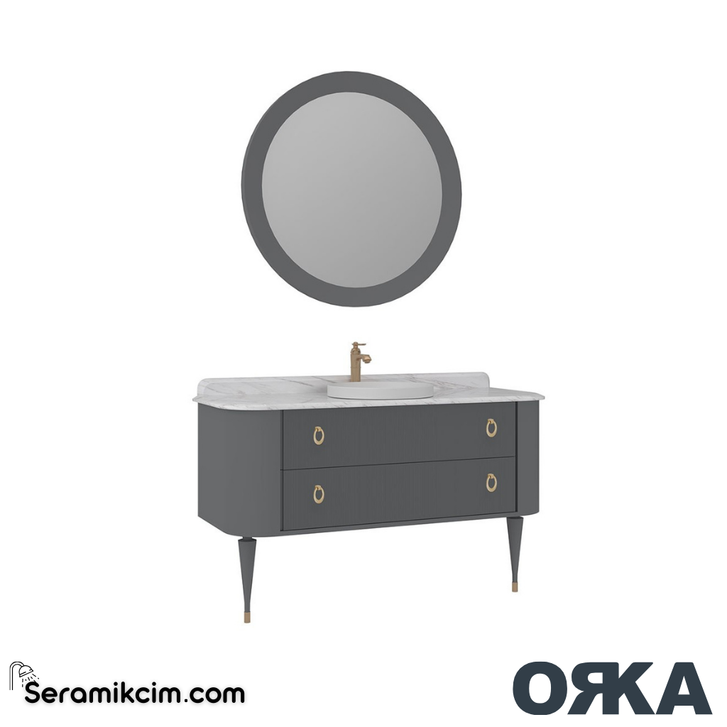 Orka Felice 140cm Banyo Dolabı Set Altın Ahşap Ayaklı Mat Gri - ORK070.140.03.TKM