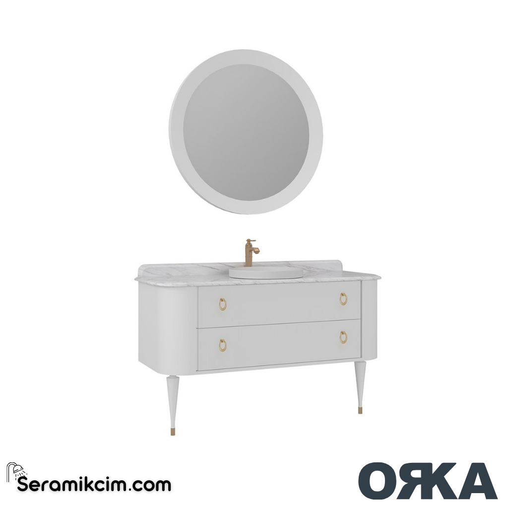 Orka Felice 140cm Banyo Dolabı Set Altın Ahşap Ayaklı Mat Beyaz - ORK070.140.02.TKM