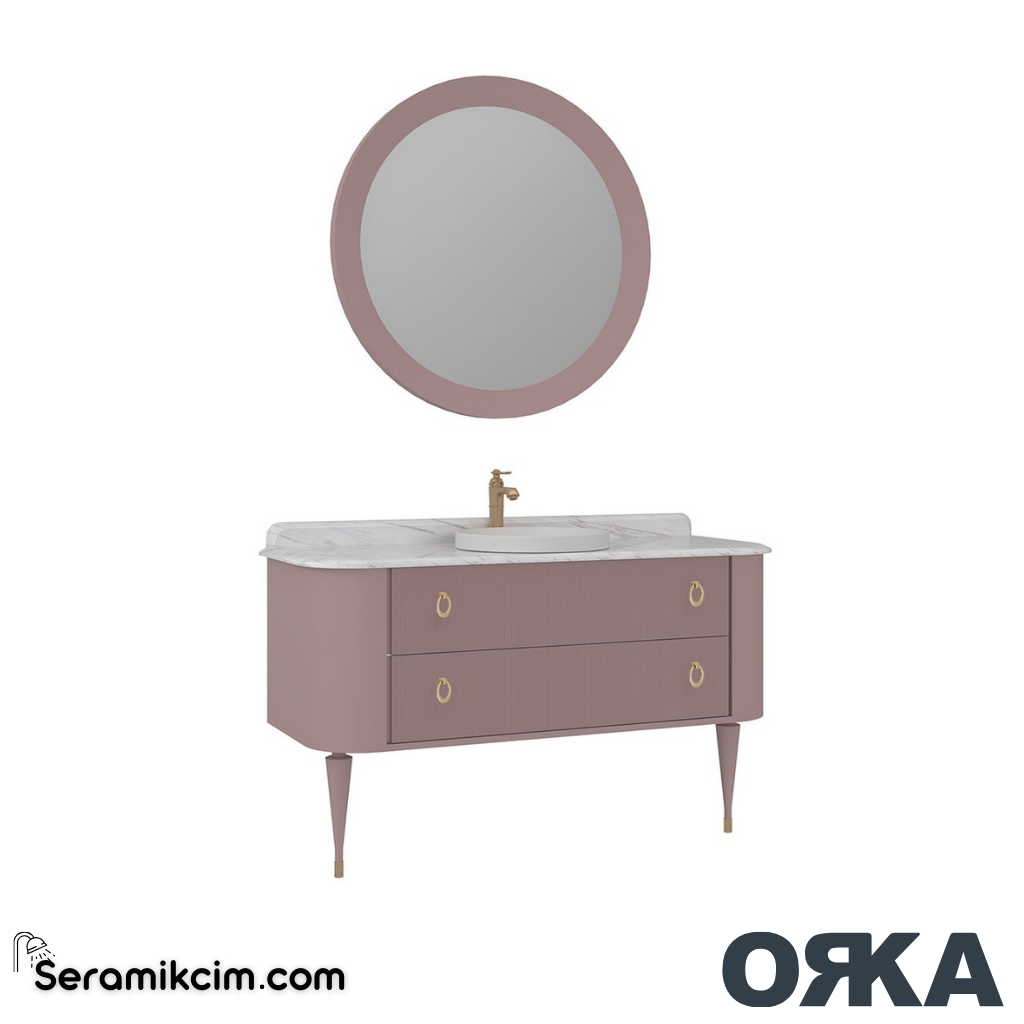 Orka Felice 140cm Banyo Dolabı Set Altın Ahşap Ayaklı Mat Pudra - ORK070.140.04.TKM