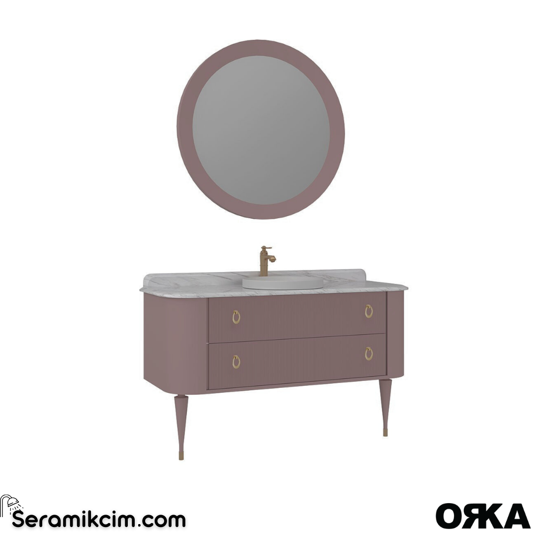 Orka Felice 140cm Banyo Dolabı Set (Altın Detay) Ahşap Ayaklı Mat Pudra