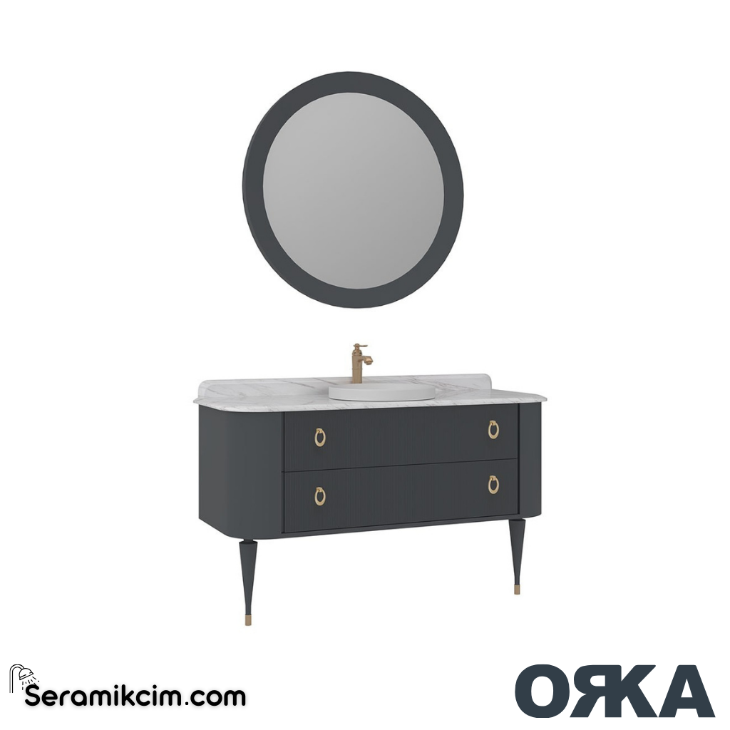 Orka Felice 140cm Banyo Dolabı Set Altın Ahşap Ayaklı Mat Antrasit - ORK070.140.01.TKM