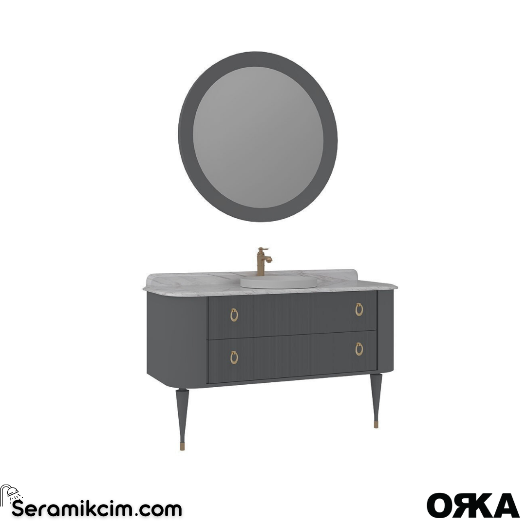 Orka Felice 140cm Banyo Dolabı Set (Altın Detay) Ahşap Ayaklı Mat Gri