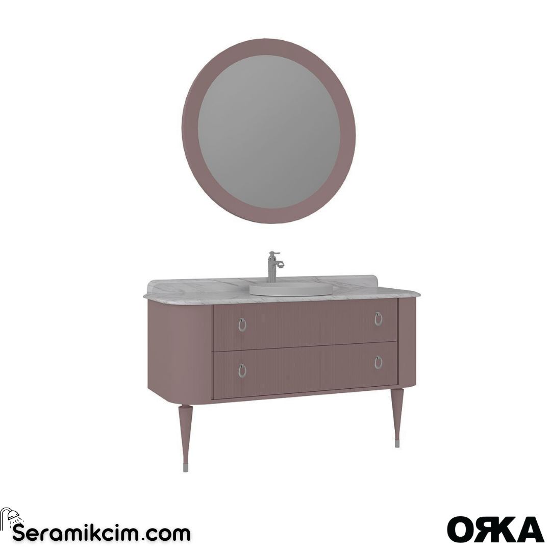 Orka Felice 140cm Banyo Dolabı Set (Krom Detay) Ahşap Ayaklı Mat Pudra