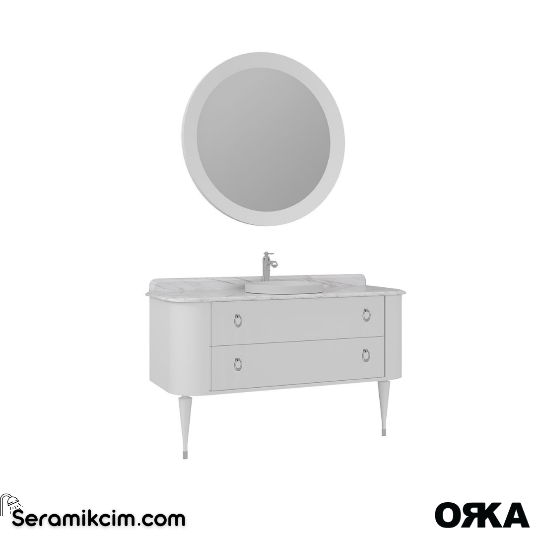 Orka Felice 140cm Banyo Dolabı Set (Krom Detay) Ahşap Ayaklı Mat Beyaz