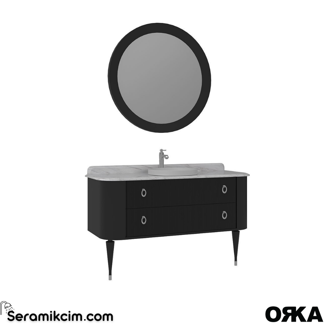 Orka Felice 140cm Banyo Dolabı Set (Krom Detay) Ahşap Ayaklı Mat Siyah
