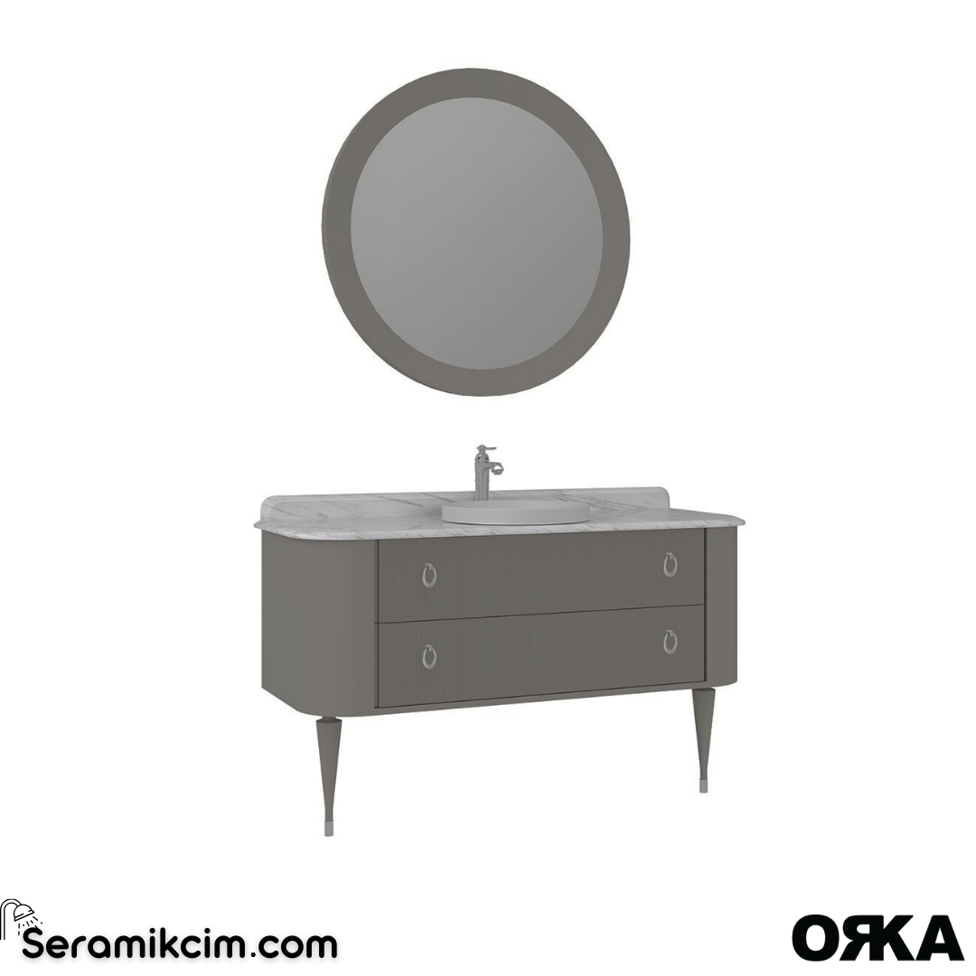 Orka Felice 140cm Banyo Dolabı Set (Krom Detay) Ahşap Ayaklı Mat Vizon
