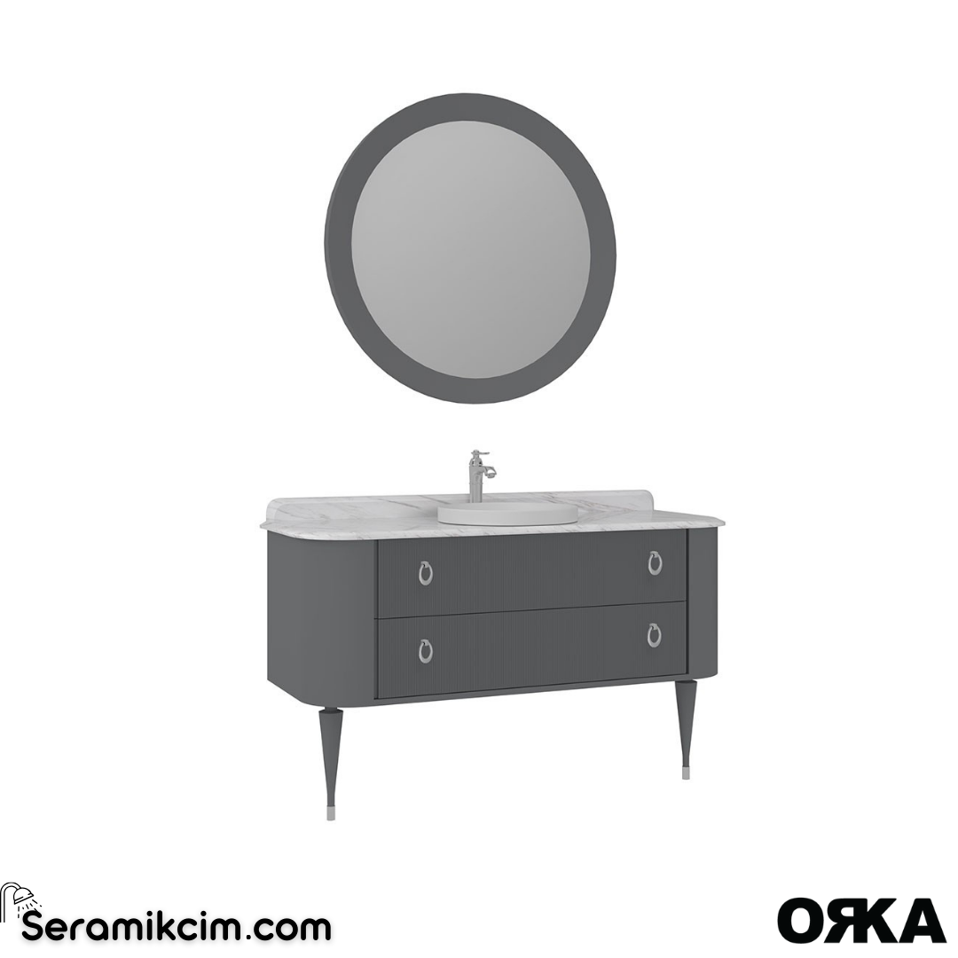 Orka Felice 140cm Banyo Dolabı Set (Krom Detay) Ahşap Ayaklı Mat Gri